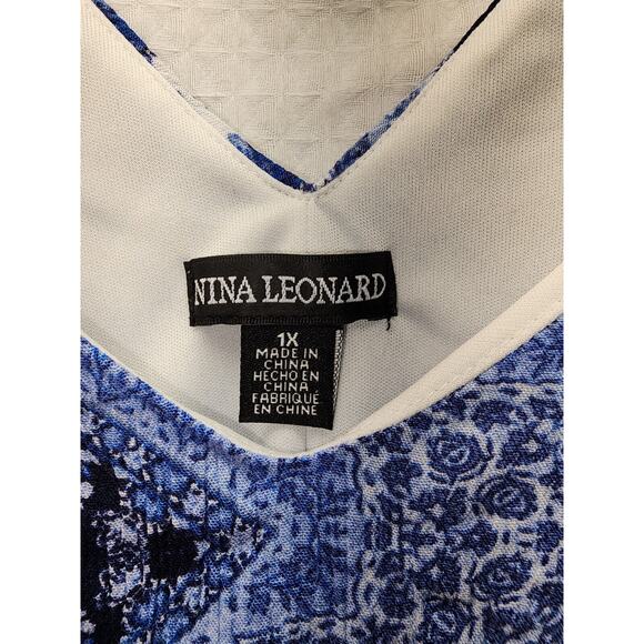 Nina Leonard Dress 1X Blue Geo Print Sleeveless Short Vneck Aline knee length - Picture 6 of 11